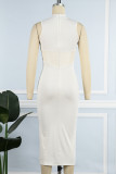Кремово-белые сексуальные однотонные лоскутные платья-юбка-карандаш со стразами и половиной водолазки