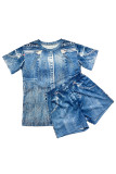 Blue Casual Print Patchwork O Neck Short Sleeve Two Pieces