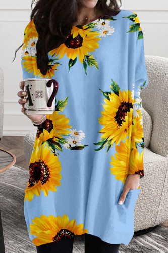 Blue Casual Street Print Patchwork O Neck Straight Dresses
