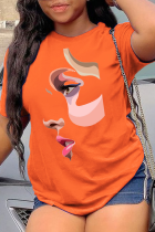 Oranje Casual T-shirts met dagelijkse print en patchwork O-hals