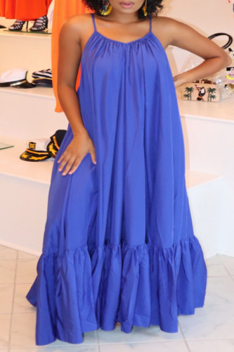 ブルー セクシー ソリッド パッチワーク フラウンス スパゲッティ ストラップ スリング ドレス プラス サイズ ドレス