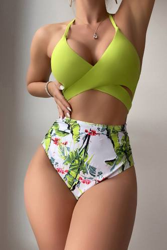 Green Sexy Print Bandage Patchwork Backless Swimwears