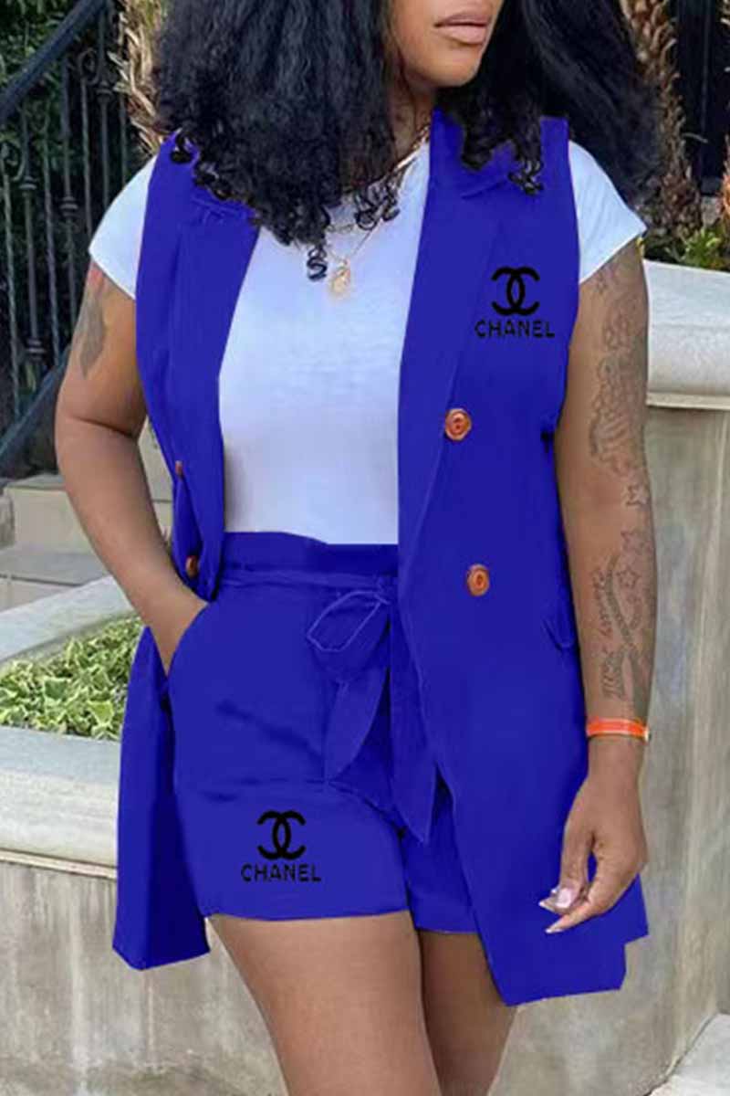 

Blue Work Print Letter Turn-back Collar Sleeveless Two Pieces