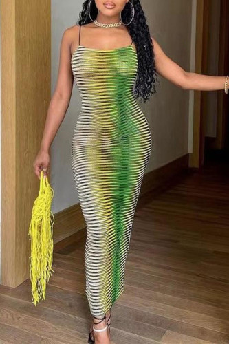 Green Sexy Celebrities Gradual Change Printing Spaghetti Strap Sheath Dresses