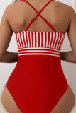 Red Sexy Striped Print Patchwork Flounce Swimwears