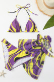 Purple Sexy Print Bandage Patchwork Asymmetrical 3 Piece Sets