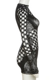 Vestidos de falda de lápiz con cuello en O de patchwork sólido sexy negro