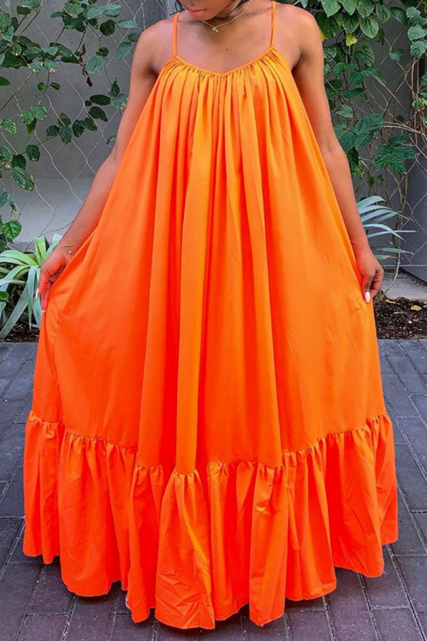 Tangerine Sexy Solid Patchwork Volant Spaghetti Strap Sling Dress Plus Size Kleider