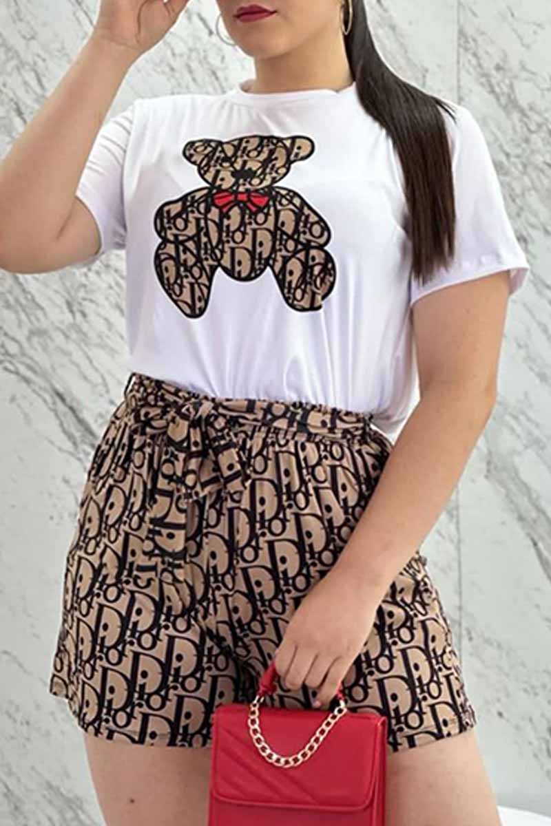 

Khaki Casual Print Letter With Belt O Neck Short Sleeve Two Pieces