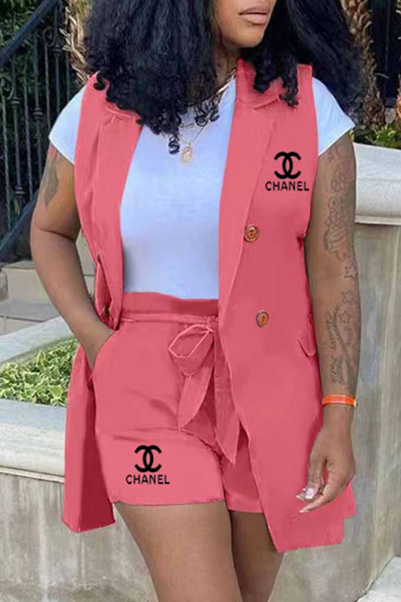 

Pink Work Print Letter Turn-back Collar Sleeveless Two Pieces