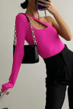Rose Red Sexy Celebrities Solid Cut Out Asymmetrical Collar Tops