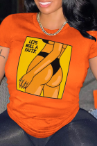 Orangefarbene Street-Simplicity-Print-Patchwork-T-Shirts mit O-Ausschnitt