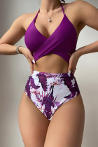Пурпурные сексуальные купальники с принтом в стиле пэчворк и открытой спиной