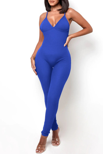 Blue Sportswear Solid Patchwork Backless Spaghetti Strap Skinny Jumpsuits