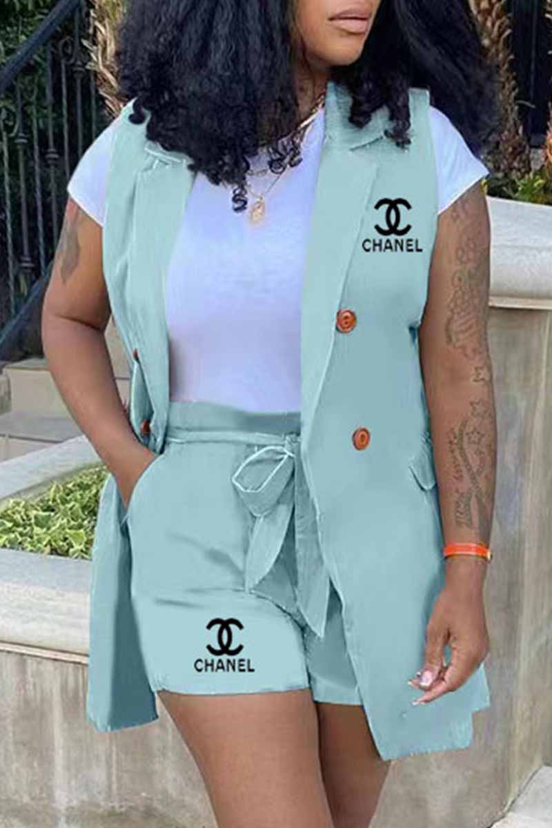 

Lake Blue Work Print Letter Turn-back Collar Sleeveless Two Pieces