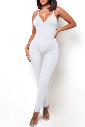 White Sportswear Solid Patchwork Backless Spaghetti Strap Skinny Jumpsuits