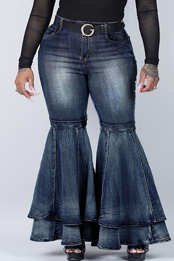 Blauwe Street Solid Patchwork Grote maten jeans