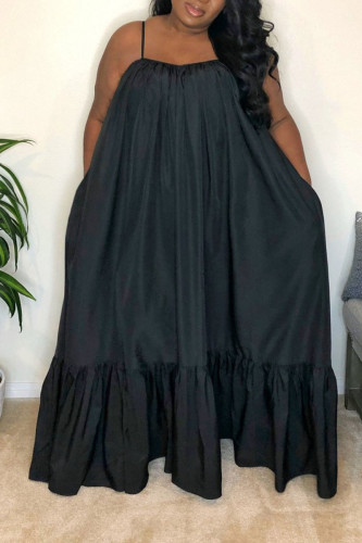 黒のセクシーなソリッド パッチワーク フラウンス スパゲッティ ストラップ スリング ドレス プラス サイズのドレス