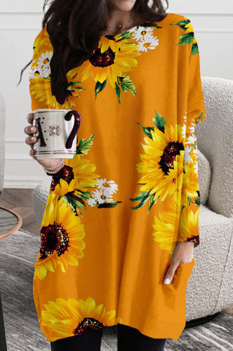Orange Casual Street Print Patchwork O Neck Straight Dresses