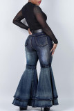 Blauwe Street Solid Patchwork Grote maten jeans
