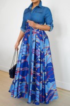 Robes de robe longue col chemise patchwork imprimé décontracté bleu