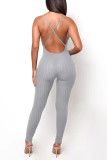 White Sportswear Solid Patchwork Backless Spaghetti Strap Skinny Jumpsuits