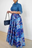 ブルーカジュアルプリントパッチワークシャツカラーロングドレスドレス