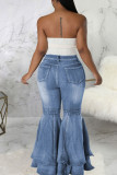 Jeans Blue Street Solid Patchwork Plus Size