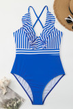 Blue Sexy Striped Print Patchwork Flounce Swimwears
