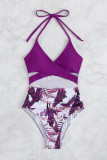 Пурпурные сексуальные купальники с принтом в стиле пэчворк и открытой спиной