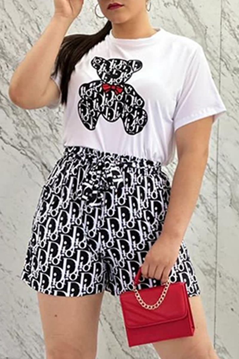 

Black Casual Print Letter With Belt O Neck Short Sleeve Two Pieces