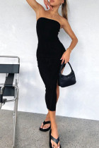 ブラック セクシー セレブ シンプル ソリッド スリット オフショルダー ワンステップ スカート ドレス