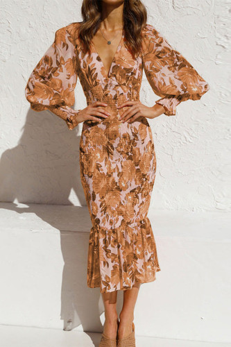 Khaki Daily Elegant Print Flounce V Neck Trumpet Mermaid Dresses