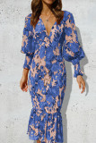 Blue Daily Elegant Print Flounce V Neck Trumpet Mermaid Dresses