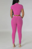 Pink Sportswear Solid Patchwork O Neck Short Sleeve Two Pieces Crop Tops And Pants Sets