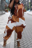 Combinaisons casual street print patchwork col zippé ample marron