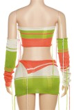 Laranja sexy patchwork sem costas contraste sem alças manga longa conjunto de quatro peças