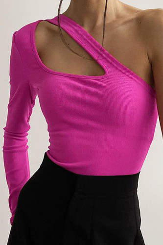 Rose Red Sexy Celebrities Solid Cut Out Asymmetrical Collar Tops