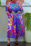 Lake Blue Casual Print Patchwork Fold Without Belt O Neck Long Sleeve Two Pieces(Without Belt)