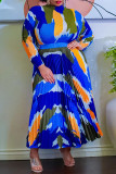 Dark Blue Casual Print Patchwork Fold Without Belt O Neck Long Sleeve Two Pieces(Without Belt)