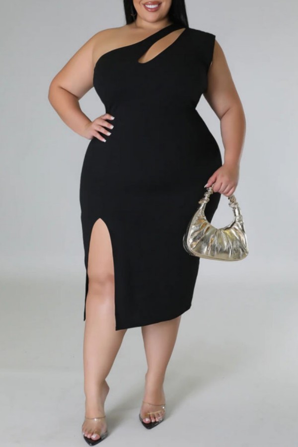 Black Casual Solid Backless Slit Oblique Collar Sleeveless Dress Plus Size Dresses