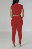 Red Sportswear Solid Patchwork O Neck Short Sleeve Two Pieces Crop Tops And Pants Sets