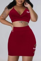 Burgundy Sexy Casual Letter Embroidery Backless V Neck Sleeveless Two Pieces