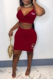 Burgundy Sexy Casual Letter Embroidery Backless V Neck Sleeveless Two Pieces
