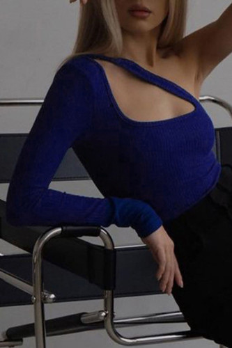 Blue Sexy Celebrities Solid Cut Out Asymmetrical Collar Tops