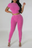 Pink Sportswear Solid Patchwork O Neck Short Sleeve Two Pieces Crop Tops And Pants Sets