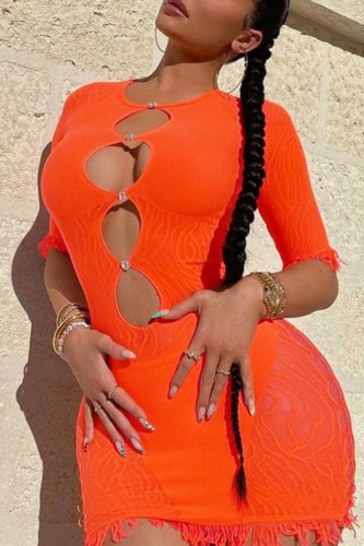 Orange Sexy Solid Hollowed Out See-through O Neck Wrapped Skirt Dresses