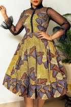 Brownness casual print patchwork doorzichtige mandarijn kraag A-lijn jurken
