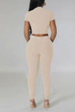 Light Apricot Sportswear Solid Patchwork O Neck Short Sleeve Two Pieces Crop Tops And Pants Sets