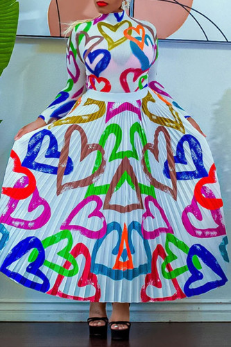 White Casual Print Patchwork Fold Without Belt O Neck Long Sleeve Two Pieces(Without Belt)